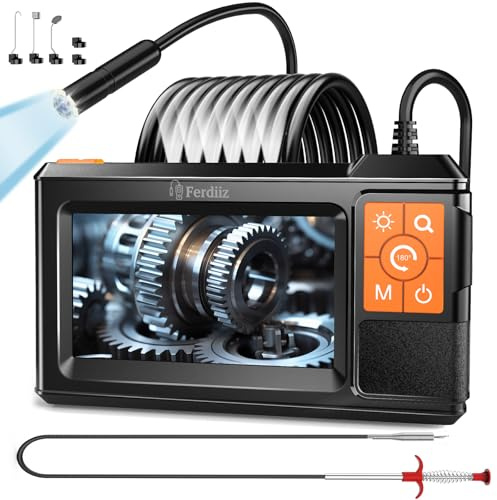 Ferdiiz Endoskopkamera mit Licht 4.3'' IPS, 1080P Endoskop, Abflussreiniger | Inspektionskamera mit 8 LED, IP67 Wasserdichte Rohrkamera, Halbstarres Kabel 5M, 160cm Abflussreiniger Spirale für Abfluss