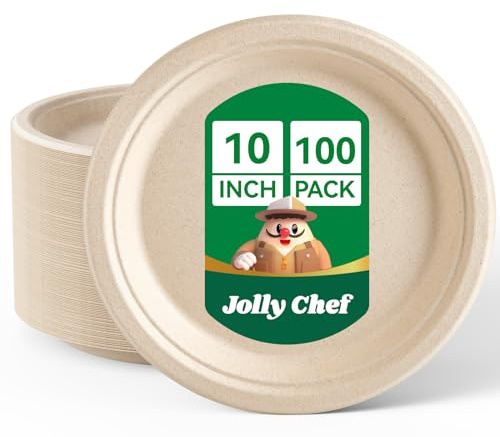 JOLLY CHEF 100 Pack 10 Inch Strong Disposable Bagasse Plates Natural | Compostable Biodegradable Bagasse Plates, Heavy-Duty Sugarcane Plates for Party & Dinner