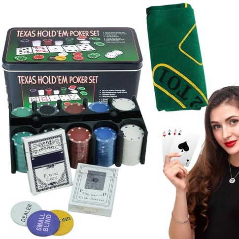 Set Poker Texas Hold'em - 200 Puces avec Tapis 91 x 61 cm | 2 Decks Cartes, Boutons Dealer & Blind, Plateau Chip, Boîte Étain | Kit de Jeu Professionnel Anti-Silvage pour Fêtes Adultes à la