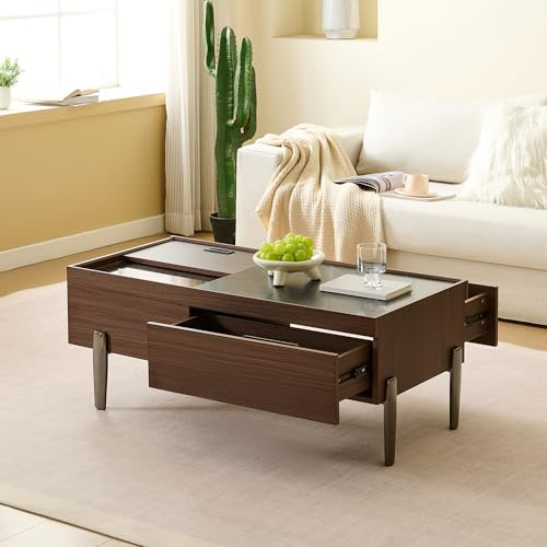 Soweiz Moderna mesa de centro con cajones y tapa de cristal – Diseño de madera marrón oscuro, grano de madera, patas de metal y mucho espacio de almacenamiento, 105 x 50 x 41,5 cm