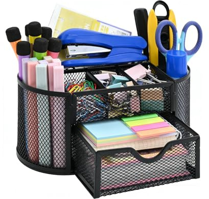 YIWONFU Schreibtisch Organizer,stiftehalter schreibtisch,Mesh Metall Desktop Büro Organizer mit 8 Stifthaltern und 1 Schublade,Es Platz zu Hause, in der Schule oder im Büro sparen