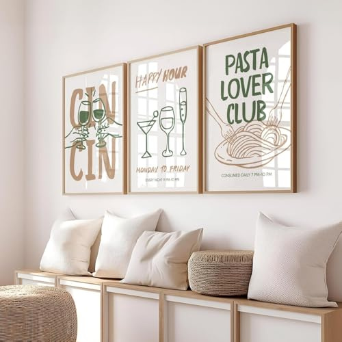 Xiyocadt 3er Küche Poster Set, Küche Aesthetic Deko, Wanddeko mit Wein und Pasta Motiven, Cocktail Poster, für Esszimmer Coffee Bar Wohnzimmer Deko, Ohne Rahmen (40 x 50 cm,Grün)
