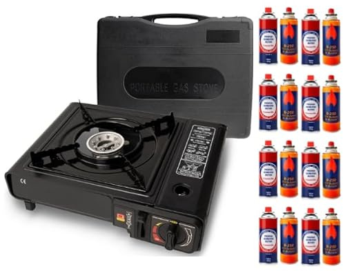 UBOON Hornillo de Gas Portátil con Maletín, Estufa de Camping, Metal, Compatible con Cartuchos Butano y Bombona, Protección contra Sobrecalentamiento (Incluye 12 Bombonas de Gas)