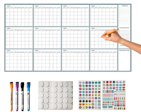 Calendario de borrado en para pared | Planificador sin fecha de 55x34 pulgadas con marcadores, pegatinas magnéticas, planificador en | Mujeres Estudiantes Profesoras Trabajo Estudio Casa E