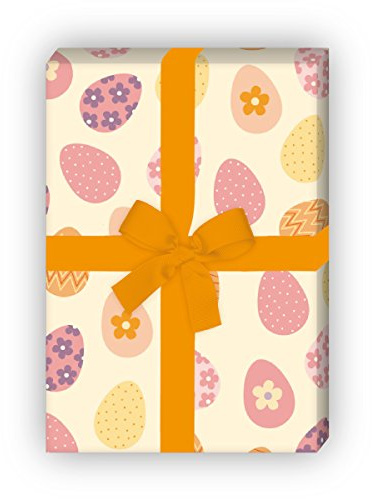 Kartenkaufrausch 4 Bögen - Kunterbuntes Oster Geschenkpapier Set mit Ostereiern für tolle Geschenk Verpackung, Musterpapier, Dekorpapier zum basteln 32 x 48cm, auf hellgelb