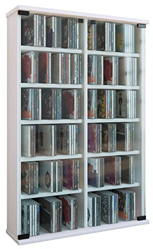 VCM CD Schrank Holz mit ESG-Sicherheitsglastüren für 300 CDs oder 130 DVDs oder 72 Videos | Maße: H. 92 x B. 60 x T. 18 cm | Elegantes Blu-ray & DVD Möbel — Roma Weiß