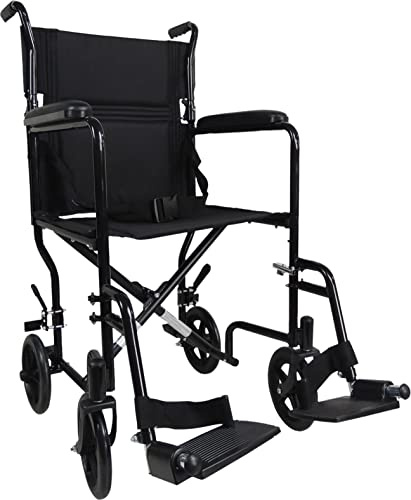 Aidapt Folding Lightweight Attendant Propelled Steel Wheelchair with Brakes, Lap Strap, Removable Swing Away Foot Rests and 19 Wide Seat. Ideal for Every Day Use Indoors and Outside