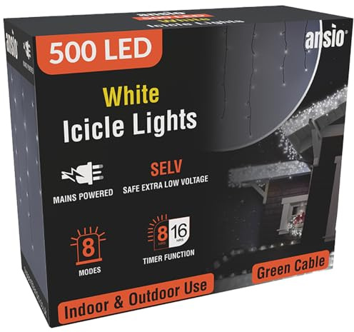 ANSIO® Outdoor Christmas Lights 500 LED 17.4m/56ft Icicle Lights Outdoor & Indoor Cool White Decorations String Fairy Outside Lights with Timer for Xmas Garden Bedroom Party|Mains Powered Green Cable
