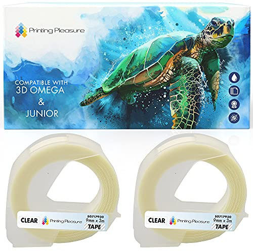 2er Pack Selbstklebenden Etiketten 3D weiß auf transparent Prägeband 9mm x 3m, Kunststoff, kompatibel für DYMO Omega und Junior Etikettenprägegerät