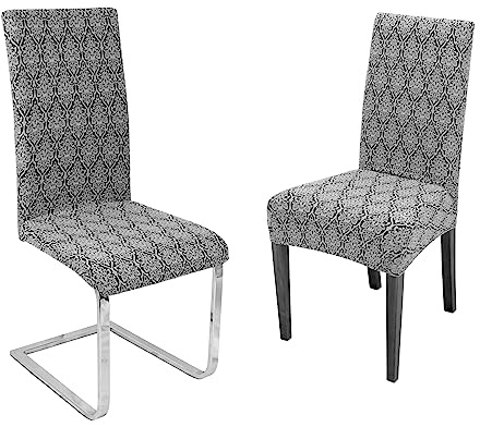 BEAUTEX Stuhlhusse Strick-Jacquard Stretch 2er Set Barock Hellgrau | 60% Baumwolle, 38% Polyester, 2% Elasthan, 240 g/m², sicherer Rundum-Gummizug, 30 °C waschbar, formstabil & langlebig