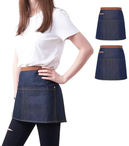 KPD 2 Pack Blue Unisex Waist Denim Aprons for Home and Kitchen,Chef Denim Apron For Waitress Half Short Aprons Restaurant For Women Men Serve
