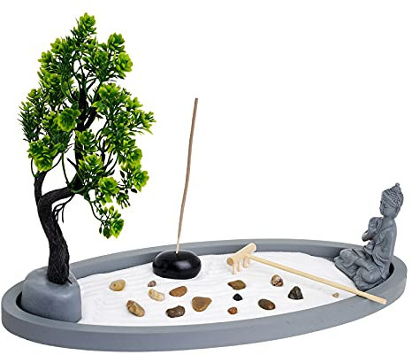 London Boutique Zen Garden Thai Buddha - Incense Holder - White Sand - Decorative Stones - Wooden Shovel - Oval Base