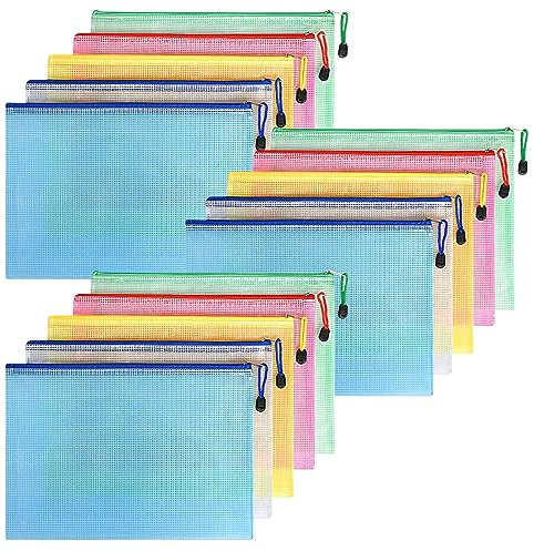 FYY A4 Plastic Zip Wallets Folder, 15PCS Mesh Zipper Pouch Document Wallet, A4 Zipper File Folders, Zip Lock Bags for School Office Household Travel Supplies