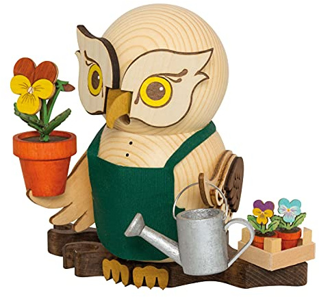 Drechslerei Kuhnert Rauchfigur/Räucherfigur - Eule Gärtner aus Massivholz - ca. 15 cm - Made in Germany