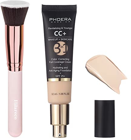 PHOERA CC Cream Foundation, PHOERA Full Coverage Foundation färgkorrigeringskräm, fuktgivande anti-aging-serum med matt, naturlig, lätt finish (100 porslin)