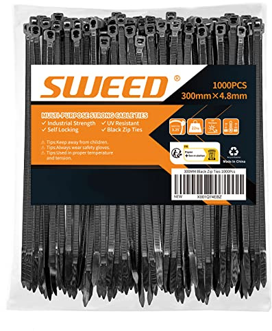 SWEED Serre Cable Noir 300x4,8mm, 1000PCS Collier de Serrage Noir Durable, Serflex Résistants aux UV, Collier Rilsan Robuste Résistance à La Traction De 22kg, Usage en L'Intérieur Et L'Extérieur