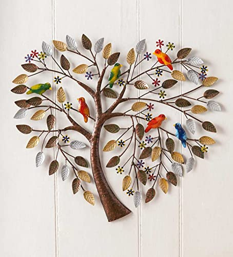 KLZUOPT Lebensbaum-Wanddekoration aus Metall, handgefertigte Zweige, Vogelblumen, Skulpturen, herzförmiger Baum des Lebens, hängende Kunstwerke, herzförmige Stammbaum-Wandmetallkunst, 30 x 30 cm