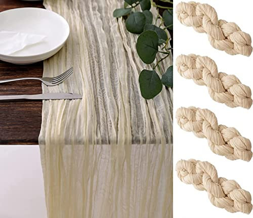 HaMoSena 4 Stück 90 x 400 cm beige Seihtuch-Tischläufer, groß, rustikaler Gaze-Tischläufer, romantischer, halbtransparenter Stoff, Tischdecke für Boho, Hochzeit, Dorn, Dekoration, Brautdusche