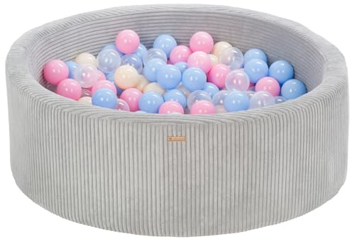 Bällebad Bällepool Bällebecken Spielbecken Kordsamt-Bezug 300 Bälle rund ⌀90 cm (Farbe des Pools/der Bälle: grau/weiß, hellblau, rosa, cappuccinofarben)