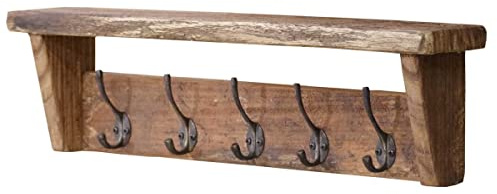 Casa Moro Wandgarderobe Belluno vintage mit 5 Haken rustikale Garderobenleiste mit Ablage aus Teak-Holz,Garderobenleiste Holz Für Flur, Schlafzimmer und badezimmer
