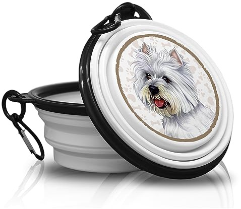 Westie - West Highland White Terrier Falt, Tragbarer Trinknapf mit Karabiner für Unterwegs. Futternapf, Haustierschüssel. Handlich und Einzigartig.