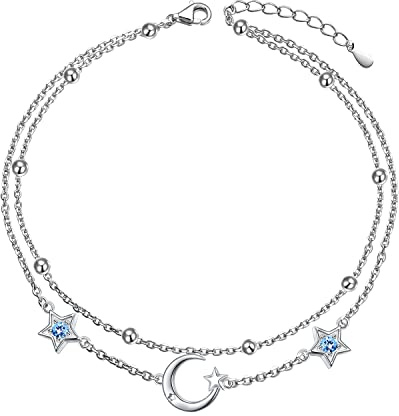 Flyow S925 Sterling Silber Layered Fußkettchen für Frauen Meerjungfrau/Schildkröte/Mond Stern Einstellbare Fuß Fußkettchen Schmuck Geschenke für Frauen Mädchen