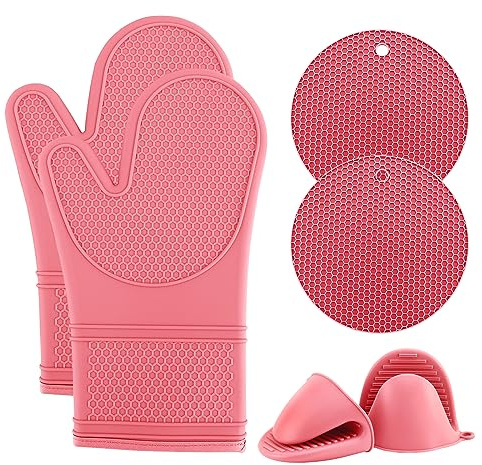 COOK WITH COLOR Silicone Oven Mitts- Heat Resistant Gloves with Soft Quilted Lining Oven Mitt Pot Holders for Cooking and BBQ, Pink, Mitt Set