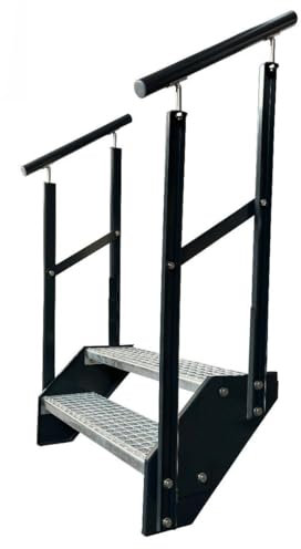 Kaminbau Mierzwa Premium Stahl Treppe mit beidseitigem Geländer/Wangen und Geländer Anthrazit RAL 7016/2 Stufen verzinkt (Breite 1000 mm) (Höhe 38 cm) Wetterfest Gitterroststufe Gartentreppe