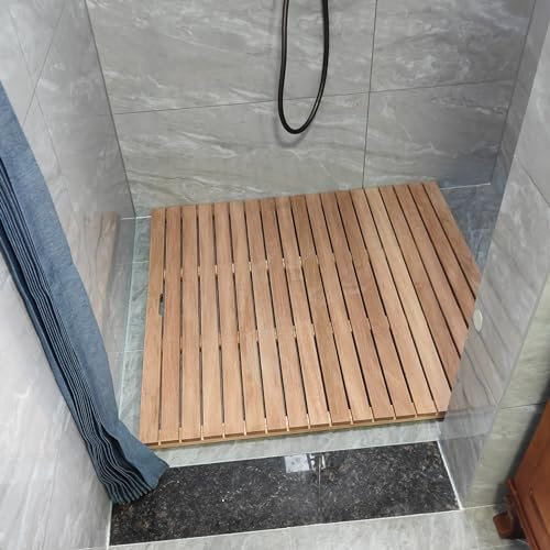 Caillebotis Douche Tapis de Bain Carré en Bois pour Baignoire, Tapis de Sol de Salle de Bain Antidérapant, Plate-Forme à Lattes à Pédale de Douche Robuste, Égouttoir de Spa de Luxe Intérieur (Size :