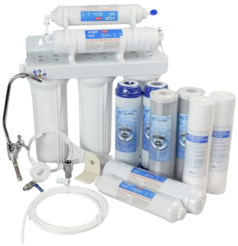 Purificateur d'eau 5 étages filtre sous évier, système avec robinet et accessoires, montage charbon actif kit cartouches de rechange 5 éléments filtrants inclus