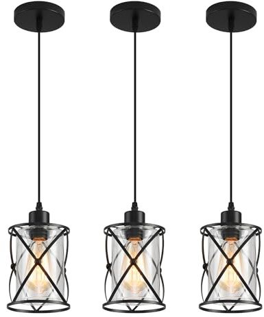 3 Lights Industrial Pendant Light with Glass Shade Matte Black Pendant Lighting Adjustable Industrial Retro Style Hanging Light,Kitchen Island Farmhouse Pendant Lights Fixtures for Kitchen,Farmhouse