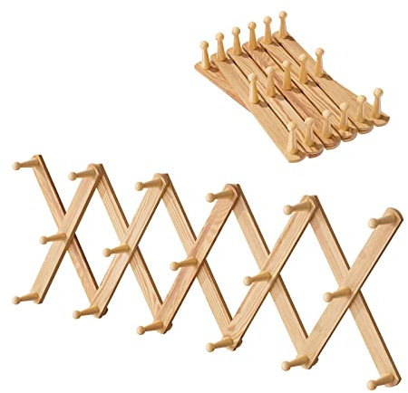 Gumcoly Kleiderhaken, Wandhaken, Holz Garderobenhaken zum einhängen mit 17 Haken, Garderobenleiste Vintage, ausziehbar Hakenleiste Original Holzfarbe 30 * 18cm