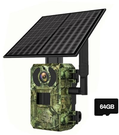 GOXAEEE Wildkamera Solar, 4MP Jagdkamera mit Bewegungsmelder Nachtsicht, Wasserdicht 4G SIM 0,2s Jagdkamera 140° Erfassungs Winkel Videobildschirm Infrarot Wildcamera (wildkamera+64G)