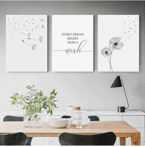 NXMYDBD Löwenzahn-Wandkunst, Leinwandgemälde, Make Wish, Löwenzahn-Drucke, nordischer Stil, minimalistisches Wohnzimmer, Schlafzimmer, Kinderzimmer, Dekoration, 70x90cm (28x35 Zoll) x3, ungerahmt