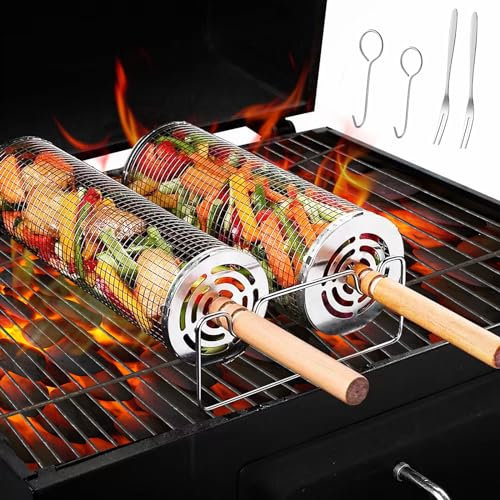 2 Pezzi Cestino per Barbecue con Manico in Legno Rimovibile, Forchetta,Griglia Barbecue in Acciaio Inox Set Barbecue,Accessori Barbecue,31cm + 20cm Griglia Portatile