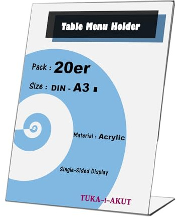 TUKA 20X A3 Hoch Acryl Anzeige-Ständer Plakataufsteller, Tischaufsteller Schräg L-Ständer, Prospektständer Werbeaufsteller Flyer-Display Speisekartenhalter aus 3mm Acryl Glaskla, TKD8200-A3-20x