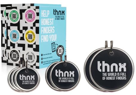 thnx Tag tag Keychain - with QR Code, Smart Travel Pack XXL, 3X S Tag, 2X M Tag, 2X L Tag, 2X Tag sticker, for backpacks, suitcases, keys and laptop, direct contact with the finder (Black)
