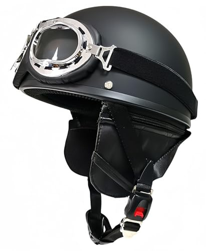Retro motorcykelhjälm mopedhjälm med glasögon motorcykel helikopter vuxen street cruiser-hjälm retro jethjälm, ECE/DOT-godkänd F, L59-60 cm