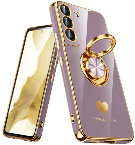 Nonional for Samsung Galaxy S22 5G Case, 360° Rotatable Ring Holder [Luxury Hearts Pattern] Plating Gold Edge Slim Soft Phone Cover Case for Galaxy S22 - Light Purple