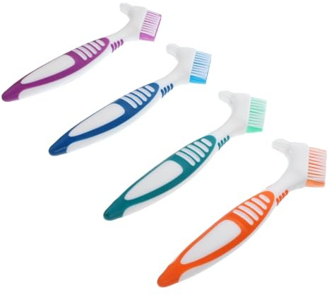 Prothesenzahnbürste 4 Stück Pp Tpe Doppelseitig für Prothesen | Ergonomischer Griff, Goldschnitt Design, Geeignet für Teil und Vollprothesen, Umweltfreundliche Materialien Zufällige Farbe