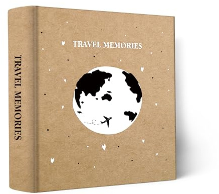 Holoary Álbum de fotos de 4 x 6 pulgadas, 200 fotos por página, 200 bolsillos, 4 x 6 pulgadas con espacio para escribir, cubierta de papel kraft, diseño de mapa del mundo, aventura, vacaciones, viajes