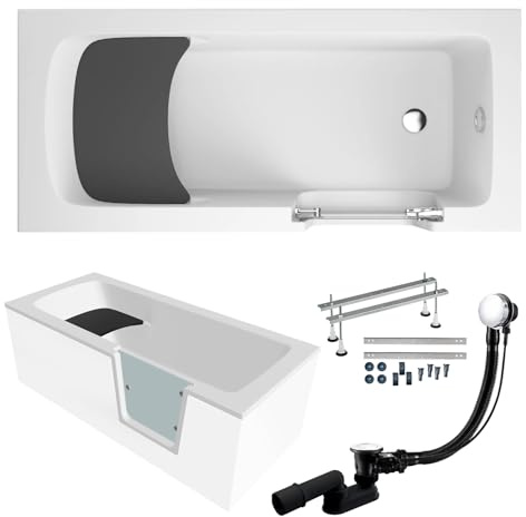 BADLAND Premium SET 5in1 Badewanne Rechteck Acryl Weiß Wanne, Seniorenbadewanne mit Glastür und Holzsitz AVO 170x75 cm, Rechts, Made in EU, mit Ablaufgarnitur und Füßen