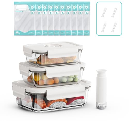 Annalocker Système sous vide pour aliments - 3 récipients en verre + 10 sacs rétractables - Contenants hermétiques pour garde-manger et porte-repas - Compatible micro-ondes, four, congélateur (L)
