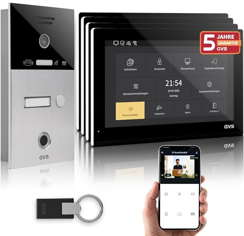 GVS Video Türsprechanlage mit Türöffner, Fingerprint, RFID, 4X 10 Monitore | Smarte Video Türklingel mit Kamera und Monitor & App - Gegensprechanlage für 1 Familienhaus (AVS5531U)