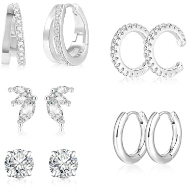 5Paar Stapelbar Ohrringe Silber 925 Set Damen, ALEXCRAFT Silber 925 Creolen Kleine Ohrstecker Zirkonia Stein Glitzer Ohrringe Doppel Creolen Multipack Silber Ohrringe für Mehrere Piercings Ohrlöcher