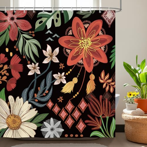 Bonhause Duschvorhang Boho Blumen Tropische Blätter Modern Abstrakt Schwarz Duschvorhänge 180 x 180 cm Anti-Schimmel Wasserdicht Polyester Stoff Waschbar Bad Vorhäng für Badzimmer mit 12 Haken