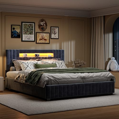 Polsterbett Doppelbett 160x200 cm,Bettkastenbett, gepolstertes LED-Bett mit Hydraulisch Stauraumbett System,Doppelbett mit Stauraum,Funktionsbett mit Kopfteil und Lattenrost (Grau+Samt)