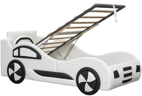 SogesPower Weißes Autobett Kinderbett 90x200 cm mit 7-Zonen-Lattenrost hydraulischem Unterbettstauraum, Sicherheit für orthopädische Wirbelsäulenentwicklung 3-12 Jahre