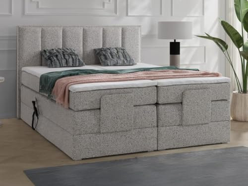 Vente-unique-Boxspringbett mit Bett-Kopfteil + elektrisch verstellbare Lattenroste + Matratzen + Topper - 2 x 80 x 200 cm - Stoff - Beige - KALASI von Palacio