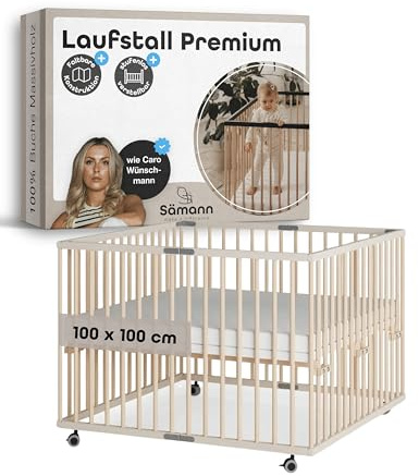Sämann Faltbarer Baby Laufstall aus Holz I Sahara Dust/Natur 100x100 cm I Höhenverstellbares Babybett aus Buchenholz I Laufgitter mit gummierten Rollen & Feststellbremse I TÜV geprüft